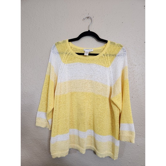 Coldwater Creek Women's Yellow White Striped Round Neck 3/4 Sleeve Sweater Sz 2X - Picture 1 of 5